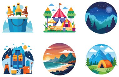 Kamp Paketi. Bulanık Müzik Festivali Toplama Çıkartmaları. Al, Image Set 'i oluşturdu. Clipart çizgi film deisgn simgeleri