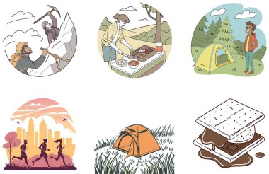 Kamp Paketi. Maceraya hazır sırt çantalı vites koleksiyonu çizimleri. Al, Image Set 'i oluşturdu. Clipart çizgi film deisgn simgeleri