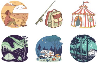 Kamp Paketi. Scenic Lake Macera Koleksiyonu. Al, Image Set 'i oluşturdu. Clipart çizgi film deisgn simgeleri