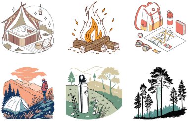 Kamp Paketi. Büyüleyici Orman Toplama Koleksiyonları. Al, Image Set 'i oluşturdu. Clipart çizgi film deisgn simgeleri