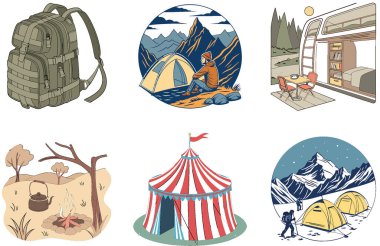 Kamp Paketi. Büyülü Aurora Gece Gökyüzü Koleksiyonları. Al, Image Set 'i oluşturdu. Clipart çizgi film deisgn simgeleri