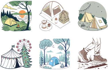 Kamp Paketi. Canlı Sirk Çadırı Aydınlatma Koleksiyonu. Al, Image Set 'i oluşturdu. Clipart çizgi film deisgn simgeleri