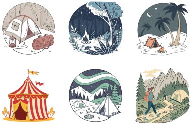 Kamp Paketi. Oyuncak Sirk Çadırı Koleksiyonu. Al, Image Set 'i oluşturdu. Clipart çizgi film deisgn simgeleri