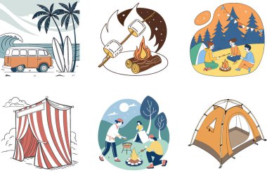 Kamp Paketi. Samimi Sonbahar Kamp Ateşi Koleksiyonu. Al, Image Set 'i oluşturdu. Clipart çizgi film deisgn simgeleri
