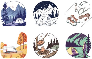 Kamp Paketi. Taşınabilir Balıkçılık Vitesi Koleksiyonu. Al, Image Set 'i oluşturdu. Clipart çizgi film deisgn simgeleri
