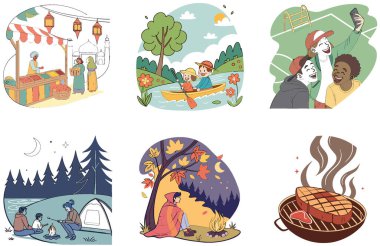 Kamp Paketi. Mutlu Aile Ormanı Macera Koleksiyonu Çizimleri. Al, Image Set 'i oluşturdu. Clipart çizgi film deisgn simgeleri