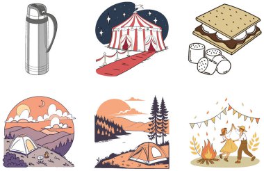 Kamp Paketi. Şenlik Ateşi Sahili Günbatımı Koleksiyonu. Al, Image Set 'i oluşturdu. Clipart çizgi film deisgn simgeleri