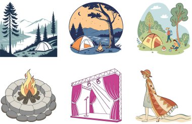 Kamp Paketi. Aydınlatılmış Çadır Yıldızlı Gece Koleksiyonu Çizimleri. Al, Image Set 'i oluşturdu. Clipart çizgi film deisgn simgeleri
