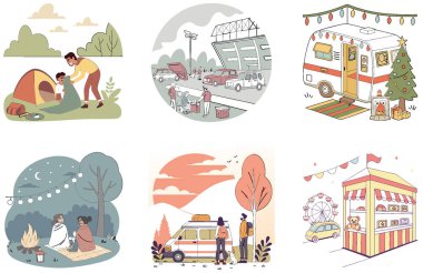 Kamp Paketi. Canlı Açık Hava Karnaval Koleksiyonu. Al, Image Set 'i oluşturdu. Clipart çizgi film deisgn simgeleri