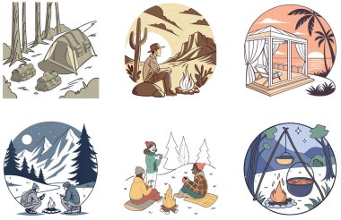 Kamp Paketi. Lüks Çöl Glamping Koleksiyonları. Al, Image Set 'i oluşturdu. Clipart çizgi film deisgn simgeleri