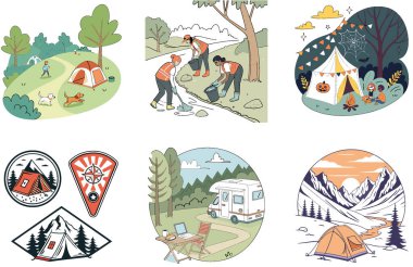 Kamp Paketi. Manzaralı Dağ Manzarası Koleksiyonları. Al, Image Set 'i oluşturdu. Clipart çizgi film deisgn simgeleri