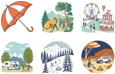 Kamp Paketi. Turuncu Çadır Macera Koleksiyonu. Al, Image Set 'i oluşturdu. Clipart çizgi film deisgn simgeleri