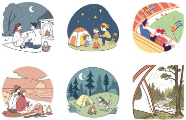 Kamp Paketi. Şehir Günbatımı Maratonu Koleksiyon Çizimleri. Al, Image Set 'i oluşturdu. Clipart çizgi film deisgn simgeleri