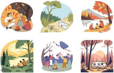 Kamp Paketi. Açık hava yemek koleksiyonu resimlerini hazırlıyorum. Al, Image Set 'i oluşturdu. Clipart çizgi film deisgn simgeleri