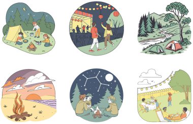 Kamp Paketi. Romantik Çift Nehir Kamp Resimleri. Al, Image Set 'i oluşturdu. Clipart çizgi film deisgn simgeleri