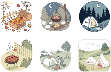 Kamp Paketi. Gümüş Kamyon Çekici Macera Koleksiyonu Çizimleri. Al, Image Set 'i oluşturdu. Clipart çizgi film deisgn simgeleri