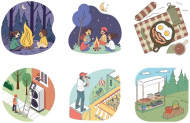 Kamp Paketi. Alüminyum Su Şişesi Su Koleksiyonu Çizimleri. Al, Image Set 'i oluşturdu. Clipart çizgi film deisgn simgeleri