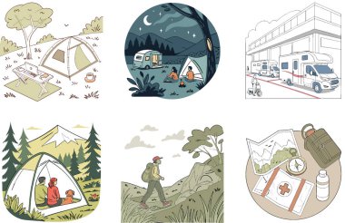 Kamp Paketi. Seyahat Kiti Macera Koleksiyonu Çizimleri. Al, Image Set 'i oluşturdu. Clipart çizgi film deisgn simgeleri