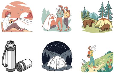 Kamp Paketi. Terk Edilmiş Fabrika Kalıntıları Koleksiyon Çizimleri. Al, Image Set 'i oluşturdu. Clipart çizgi film deisgn simgeleri