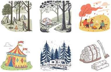 Kamp Paketi. Yanan Odun Ateşi Koleksiyonu. Al, Image Set 'i oluşturdu. Clipart çizgi film deisgn simgeleri