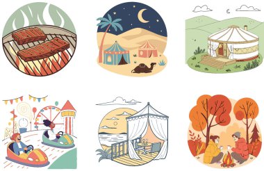 Kamp Paketi. Lüks Jakuzi Glamping Koleksiyon Çizimleri. Al, Image Set 'i oluşturdu. Clipart çizgi film deisgn simgeleri