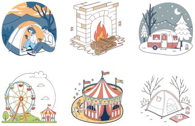Kamp Paketi. Gece Feneri Sirki Çadır Koleksiyonu Çizimleri. Al, Image Set 'i oluşturdu. Clipart çizgi film deisgn simgeleri