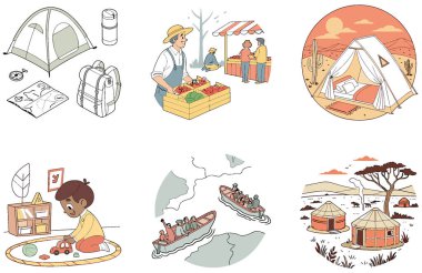 Kamp Paketi. Vintage Circus Çadır Koleksiyonu. Al, Image Set 'i oluşturdu. Clipart çizgi film deisgn simgeleri