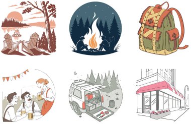 Kamp Paketi. Beyaz Karavan Tropikal Kaçış Çizimleri. Al, Image Set 'i oluşturdu. Clipart çizgi film deisgn simgeleri