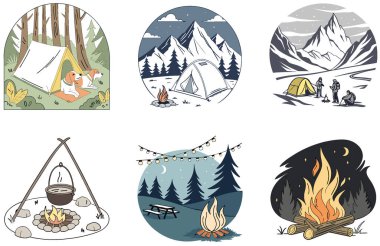 Kamp Paketi. Güz Kulübesi Koleksiyonu Çizimleri. Al, Image Set 'i oluşturdu. Clipart çizgi film deisgn simgeleri