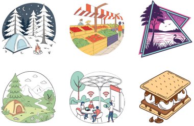 Kamp Paketi. Karavan Gece Gökyüzü Koleksiyonu Çizimleri. Al, Image Set 'i oluşturdu. Clipart çizgi film deisgn simgeleri