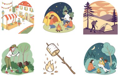 Kamp Paketi. Renkli Karnaval Oyunları Koleksiyonları. Al, Image Set 'i oluşturdu. Clipart çizgi film deisgn simgeleri