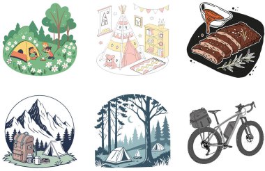 Kamp Paketi. Jeodezik Kubbe Glamping Koleksiyon Çizimleri. Al, Image Set 'i oluşturdu. Clipart çizgi film deisgn simgeleri