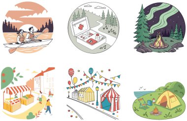 Kamp Paketi. Dağlık Kamp Bölgesi Günbatımı Koleksiyonları. Al, Image Set 'i oluşturdu. Clipart çizgi film deisgn simgeleri