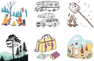 Kamp Paketi. Fil Banyo Doğa Koleksiyonu. Al, Image Set 'i oluşturdu. Clipart çizgi film deisgn simgeleri