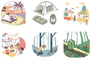 Kamp Paketi. Aile Karavan Gölü Macera Koleksiyonu Çizimleri. Al, Image Set 'i oluşturdu. Clipart çizgi film deisgn simgeleri