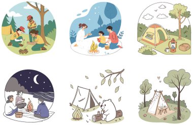 Kamp Paketi. Açık Ateş Çukuru Koleksiyonu Çizimleri. Al, Image Set 'i oluşturdu. Clipart çizgi film deisgn simgeleri