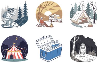 Kamp Paketi. Mülteciler Kampı Hayatta Kalma Koleksiyonu Çizimleri. Al, Image Set 'i oluşturdu. Clipart çizgi film deisgn simgeleri