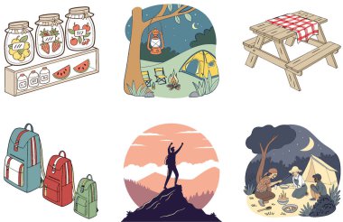 Kamp Paketi. İsviçre Alp Dağları Zirvesi Koleksiyon Çizimleri. Al, Image Set 'i oluşturdu. Clipart çizgi film deisgn simgeleri