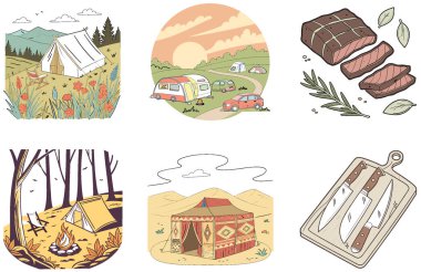 Kamp Paketi. Gece hayatı Açık Bira Koleksiyonu Çizimleri. Al, Image Set 'i oluşturdu. Clipart çizgi film deisgn simgeleri