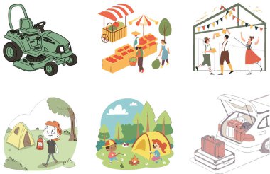 Kamp Paketi. Off-Road Mountain Macera Koleksiyonu. Al, Image Set 'i oluşturdu. Clipart çizgi film deisgn simgeleri