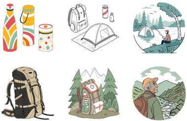 Kamp Paketi. Turuncu SUV Kamp Aletleri Koleksiyonu Çizimleri. Al, Image Set 'i oluşturdu. Clipart çizgi film deisgn simgeleri