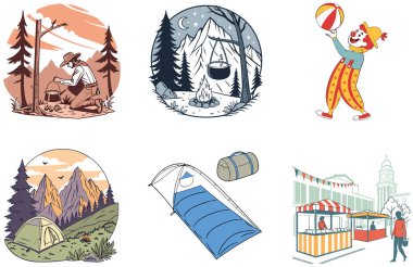 Kamp Paketi. Yol Gezisi Pencere Aşağı Macera Koleksiyonu Çizimleri. Al, Image Set 'i oluşturdu. Clipart çizgi film deisgn simgeleri