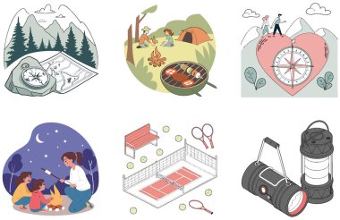 Kamp Paketi. RV Park Yeri Koleksiyonu İllüstrasyonları. Al, Image Set 'i oluşturdu. Clipart çizgi film deisgn simgeleri