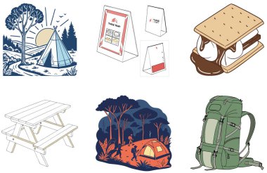 Kamp Paketi. Serene Lakeside Kampı Günbatımı Koleksiyonu Çizimleri. Al, Image Set 'i oluşturdu. Clipart çizgi film deisgn simgeleri