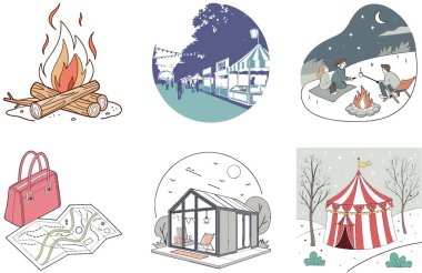 Kamp Paketi. Sinsi Avcı Kamuflaj Koleksiyonu Çizimleri. Al, Image Set 'i oluşturdu. Clipart çizgi film deisgn simgeleri