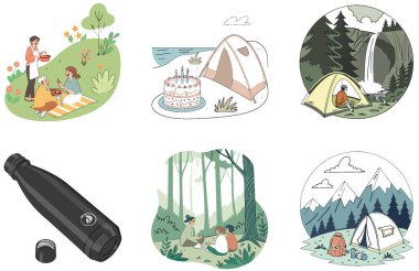 Kamp Paketi. Parlayan Çadır Gece Gökyüzü Koleksiyonu. Al, Image Set 'i oluşturdu. Clipart çizgi film deisgn simgeleri