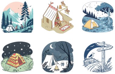 Kamp Paketi. Canlı Kırmızı Sırt Çantası Dağ Koleksiyonu Çizimleri. Al, Image Set 'i oluşturdu. Clipart çizgi film deisgn simgeleri