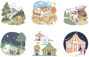 Kamp Paketi. Kış Sunset Mangal Koleksiyonu. Al, Image Set 'i oluşturdu. Clipart çizgi film deisgn simgeleri