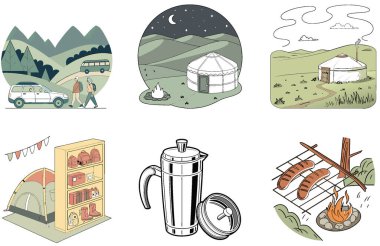 Kamp Paketi. Van Living Adventure Koleksiyonları. Al, Image Set 'i oluşturdu. Clipart çizgi film deisgn simgeleri