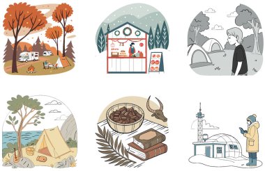 Kamp Paketi. Ateş Çukuru Tripod Macera Koleksiyonu Çizimleri. Al, Image Set 'i oluşturdu. Clipart çizgi film deisgn simgeleri